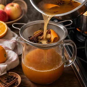 Spiced apple cider strained through a fine-mesh sieve into a pitcher