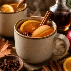 Warm spiced apple cider in a mug with orange, apple, and cinnamon