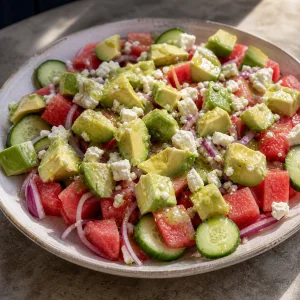 Avocado e feta aggiunti all’insalata di anguria