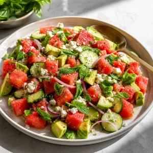 Insalata di anguria e avocado finita con menta e basilico
