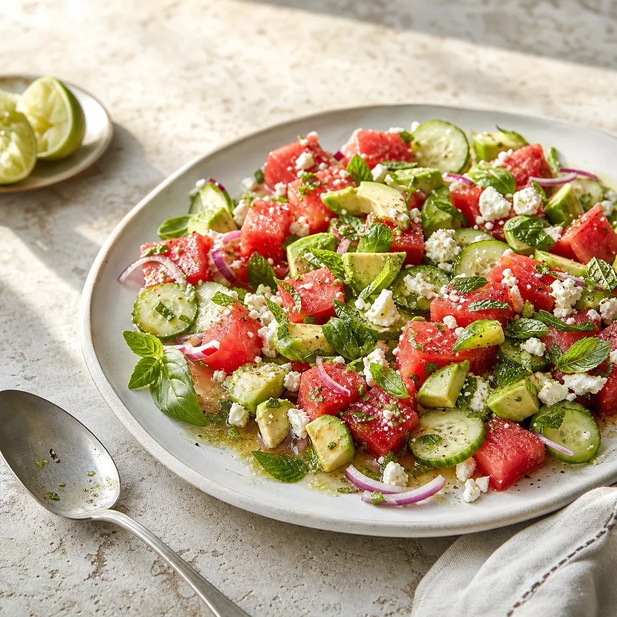 Insalata di anguria e avocado con cetriolo, feta, menta e basilico