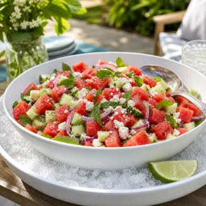 Cold watermelon cucumber feta salad served over ice