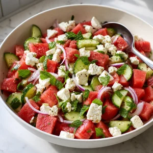 Feta and mint folded into watermelon cucumber salad