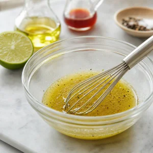 Lime dressing with black pepper and a whisk