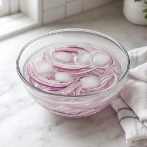 Thin red onion slices soaking in ice water
