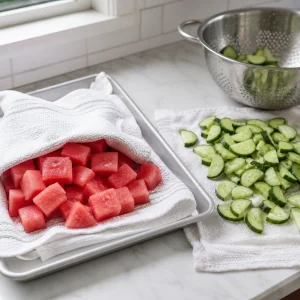 Watermelon and cucumber drying on kitchen towels