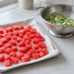 Watermelon cubes and cucumber slices draining separately