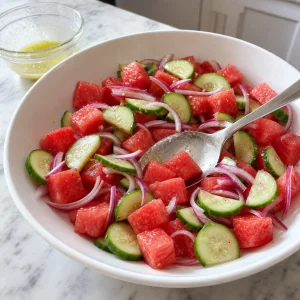 Watermelon, cucumber, and red onion tossed with lime dressing