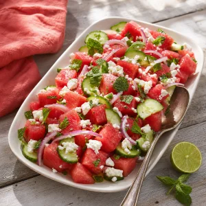 Watermelon cucumber feta salad with mint on a serving platter