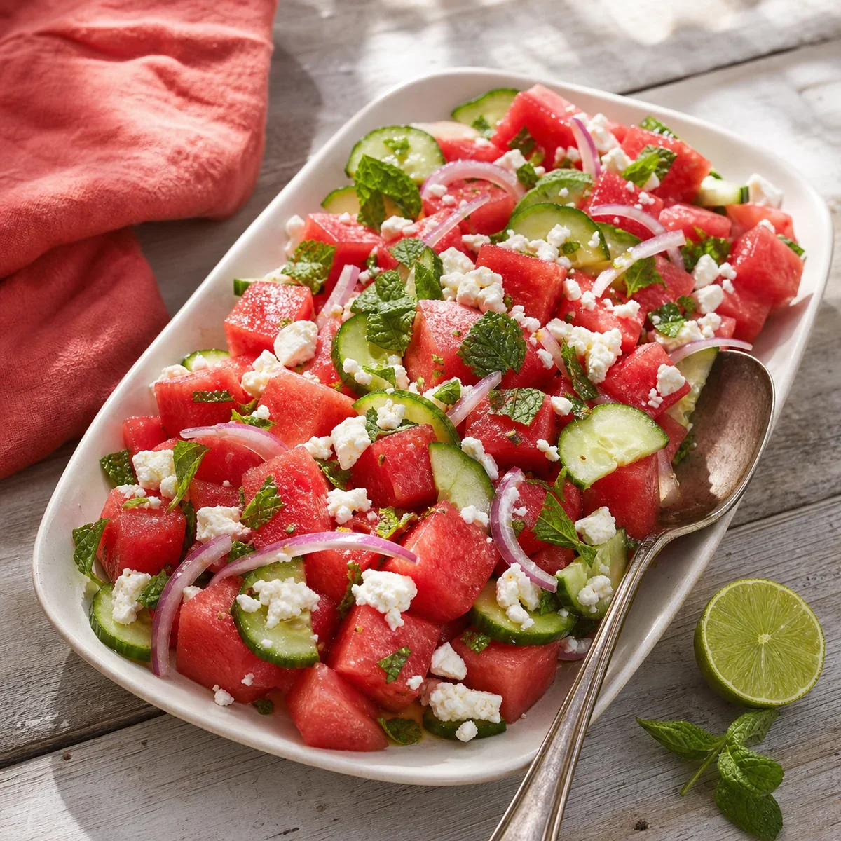 Watermelon cucumber feta salad with mint on a serving platter
