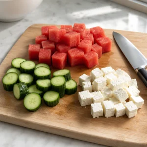 Cut watermelon, cucumber, and feta arranged on a cutting board