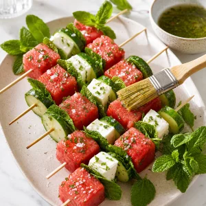 Mint-lime dressing brushed over watermelon, feta, and cucumber skewers