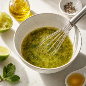 Mint-lime dressing whisked in a small bowl