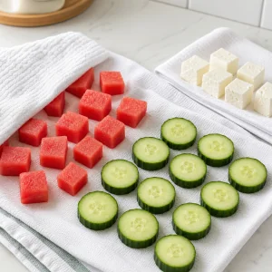 Watermelon and cucumber drying on a towel beside feta cubes