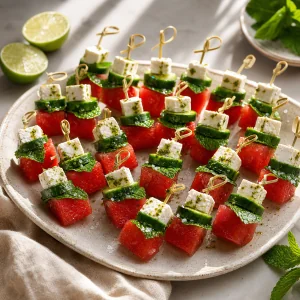 Watermelon, feta, cucumber, and mint skewers on a serving platter