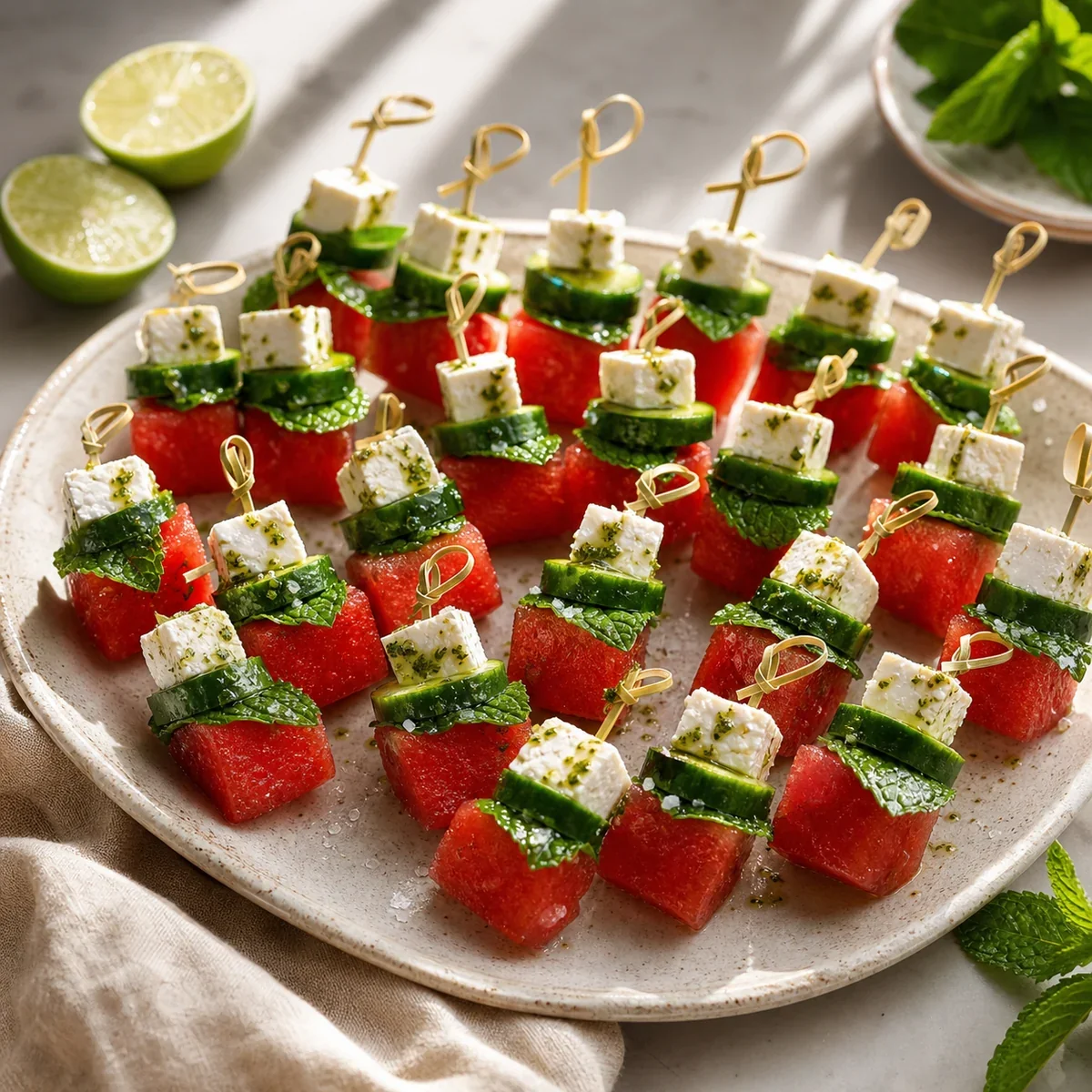 Watermelon, feta, cucumber, and mint skewers on a serving platter