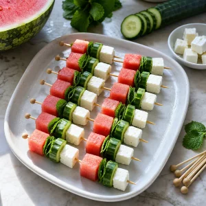 Watermelon, mint, cucumber, and feta threaded onto party picks
