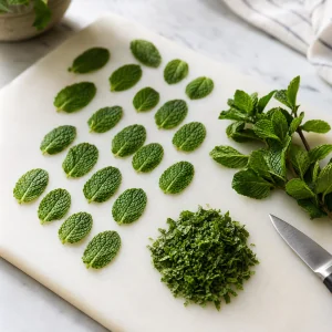 Whole mint leaves, chopped mint, and mint sprigs on a board