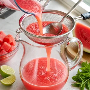 Blended watermelon liquid strained through a fine sieve into a pitcher