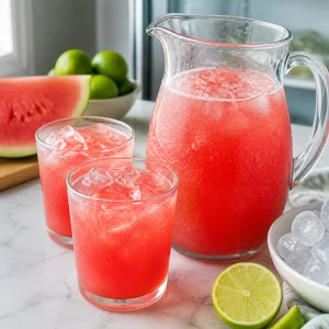 Cold pitcher of watermelon agua fresca with glasses filled with ice