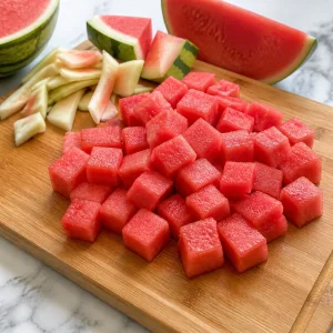 Cubed watermelon on a cutting board with trimmed rind pieces