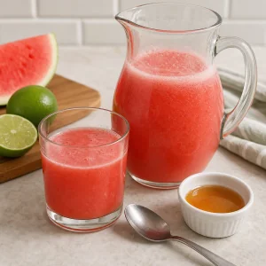 Small tasting glass of watermelon agua fresca beside sweetener and a pitcher