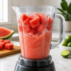 Watermelon cubes and cold water blending into a pink mixture