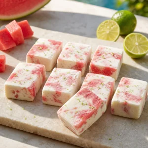 Ocho barritas heladas de yogur y sandía, blancas y rosas, con ralladura de lima sobre una tabla de piedra.