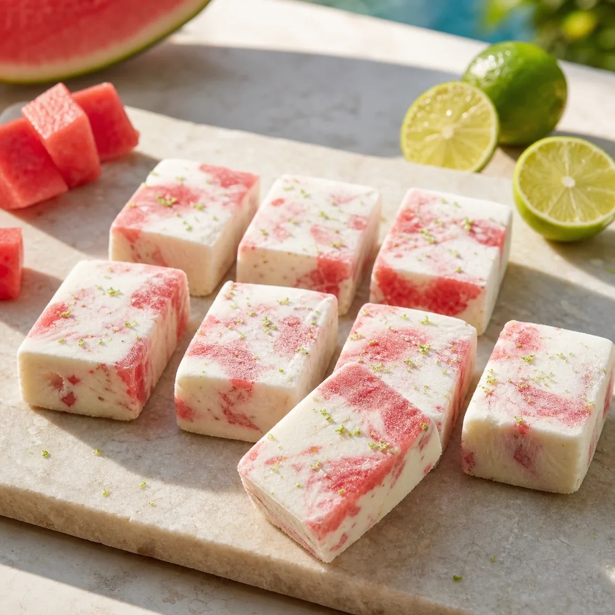 Eight pink-and-white watermelon frozen yogurt bars with lime zest on a stone board.