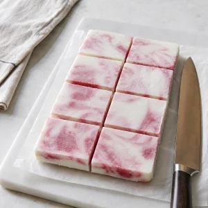 Frozen watermelon yogurt slab cut into eight bars beside a knife.