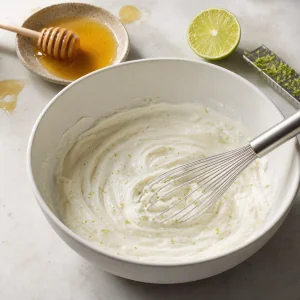 Lime-flecked Greek yogurt mixture with a whisk in a bowl.