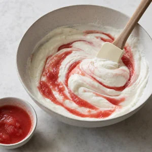 Pink watermelon reduction folded into white yogurt in broad ribbons.