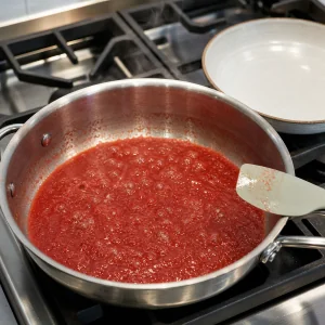 Watermelon purée simmering and reducing in a wide saucepan.