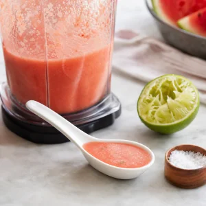 Une cuillerée de gaspacho avec citron vert et sel