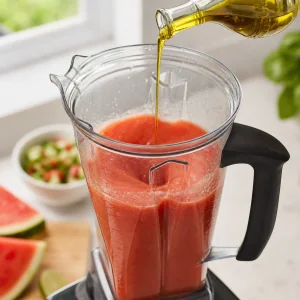 Huile d’olive versée dans le gaspacho de pastèque