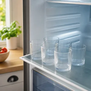 Six petits verres refroidissent au réfrigérateur