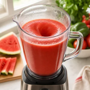 Gaspacho de pastèque mixé jusqu’à consistance lisse