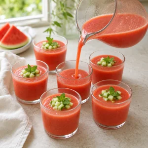 Gaspacho de pastèque versé dans des verres garnis de concombre et menthe