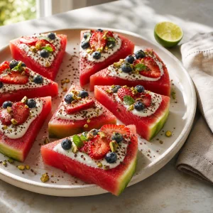 Spicchi di pizza di anguria con yogurt e frutti di bosco