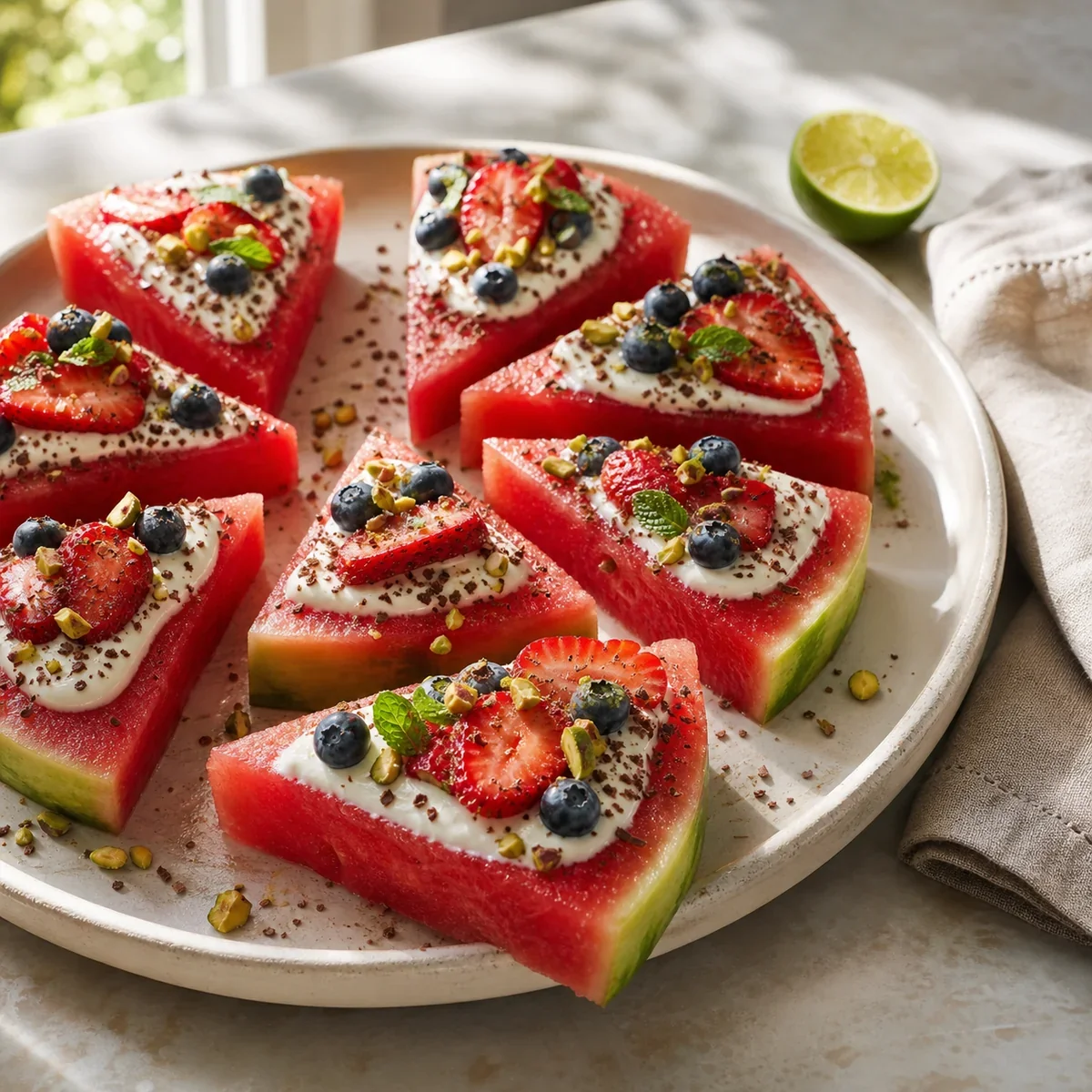 Fatias de pizza de melancia com iogurte e frutos vermelhos