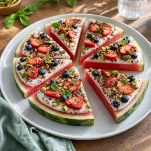 Hortelã sobre a pizza de melancia pronta numa travessa