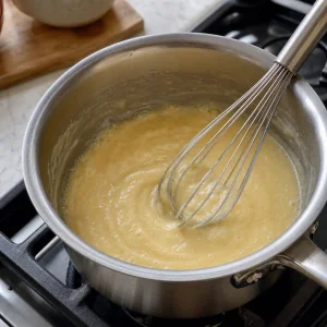 A pale butter and flour roux being whisked in a saucepan