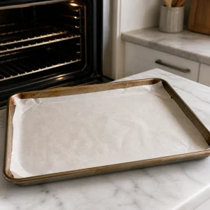 A parchment-lined baking sheet ready beside the oven