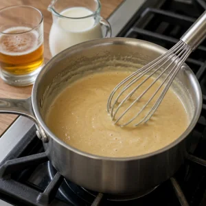 A smooth pale sauce simmering with ale and milk beside the pan
