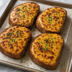 Broiled rarebit toasts with browned cheese and chives on a tray