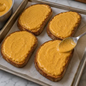 Cheddar sauce spread to the edges of four toast slices