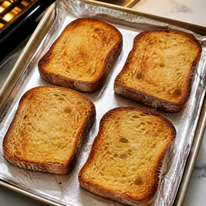 Four lightly golden toast slices on a lined baking sheet