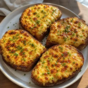 Four Welsh rarebit toasts with browned melted cheddar and chives