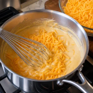 Grated cheddar melting into warm sauce in a saucepan