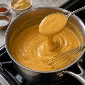 Thick seasoned cheddar sauce coating a spoon